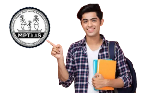 Smiling Indian student points to the MPTAAS logo while holding notebooks.