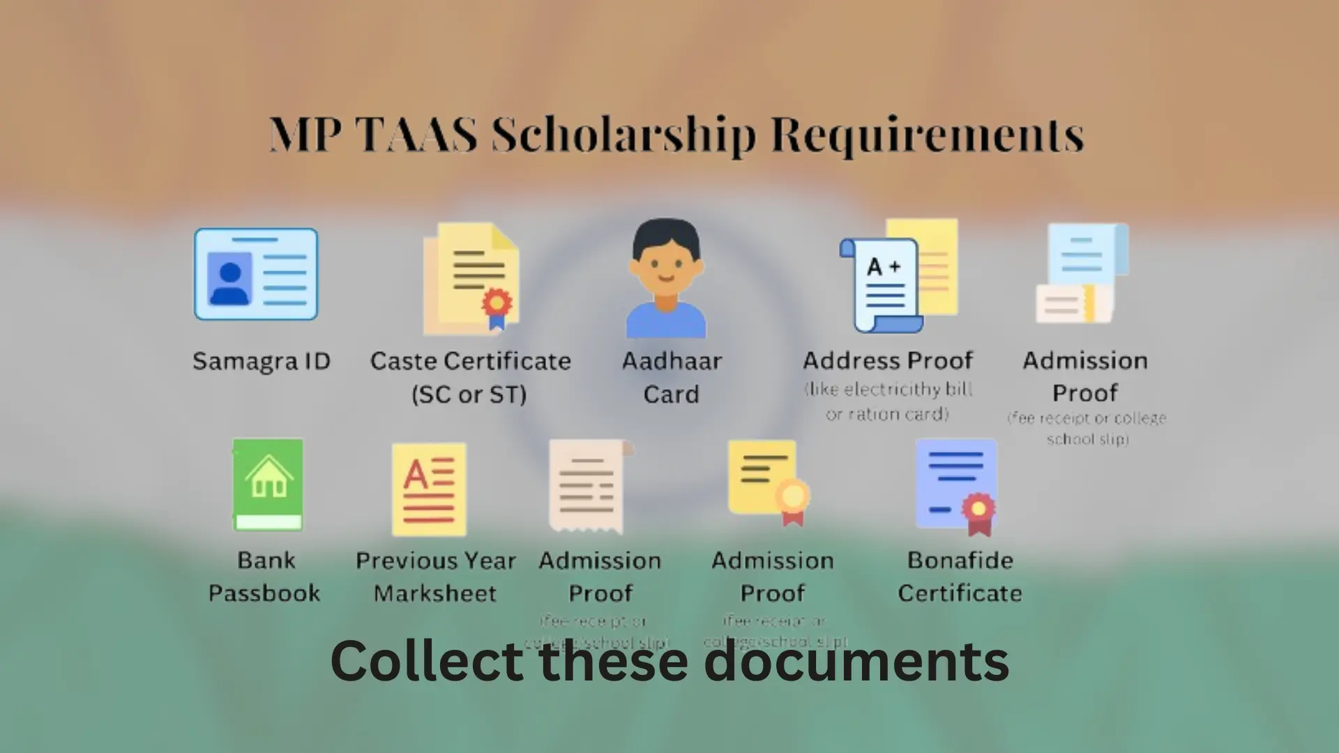MP TAAS Scholarship required documents graphic showing icons for Samagra ID, caste certificate, Aadhaar card, address proof, admission proof, bank passbook, marksheet, and bonafide certificate
