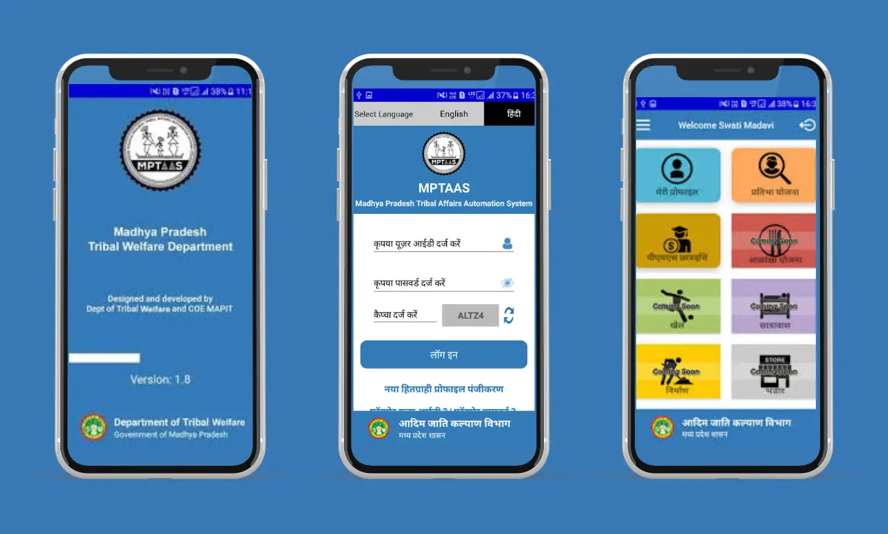 Screenshots of MPTAAS mobile app showing user registration, scholarship application and renewal, document upload, application tracking, and payment updates for SC/ST students.